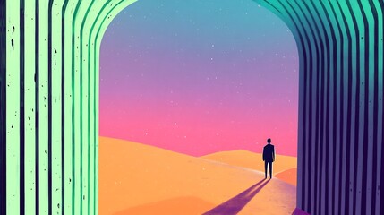 Vibrant Digital Painting: Man Contemplates Serene Desert Vista Through Surreal Archway. AI Generated