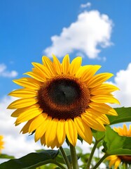 Fototapeta premium A single long-stemmed sunflower standing tall in a field of wildflowers, flower, solitary