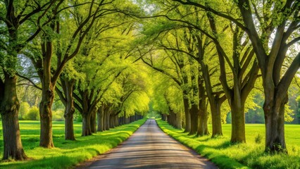 Obraz premium Nature park with lush green trees lining a tranquil rural road in the spring , Spring, Nature, Green, Trees, Park, Rural