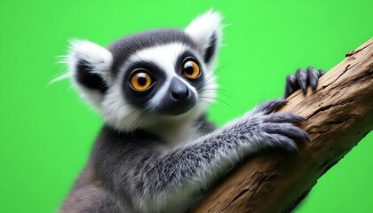 Fototapeta premium Curious Ring-tailed Lemur on Branch: A Vibrant Green Portrait