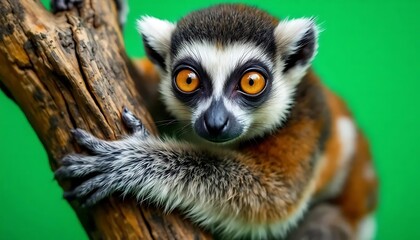 Obraz premium Ring-tailed Lemur Portrait: Vibrant Eyes, Rustic Wood, Lush Green