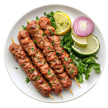 A plate of seekh kebabs, minced meat skewers
