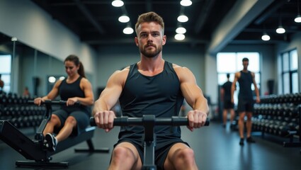 Focused athlete during a rowing exercise at a gym, conveying dedication and strength - ideal for fitness campaigns, workout tutorials, or gym promotions,
