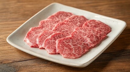 A close-up of marbled beef steak slices on a clean white plate, with a focus on the rich texture and fat marbling, set against a rustic wooden table
