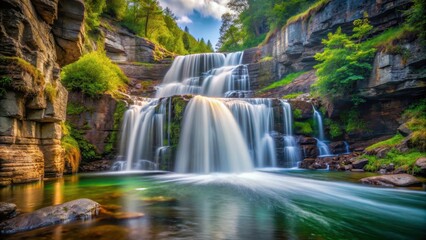 Fototapeta premium Slow shutter speed image of a majestic waterfall and stream in chasm, waterfall, stream, nature, outdoor