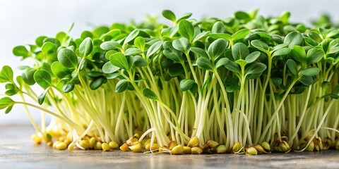 Obraz premium Fresh fenugreek microgreens with tender green leaves and a hint of yellow, neatly arranged , fenugreek