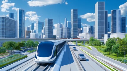 Fototapeta premium A futuristic cityscape featuring a train and modern skyscrapers under a bright sky.