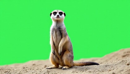 Fototapeta premium Alert Meerkat on Green Screen: A Vibrant Wildlife Portrait