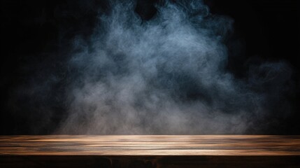 Empty Wooden Table with Smoke Rising in Dramatic Dim Light Against a Black Background for Atmospheric Photography