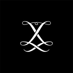 Logo L White Ornate X shaped design on black background. Suitable for elegant decor, invitations, patterns, packaging, or branding projects.