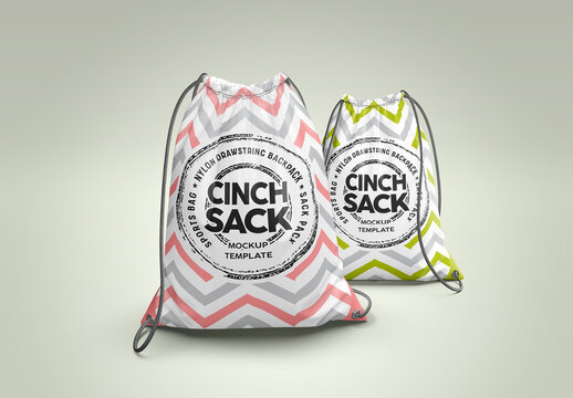 Pair of Drawstring Backpack Cinch Sacks Front View Mockup
