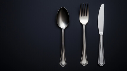 Elegant silverware arrangement with spoon, fork, and knife on dark background