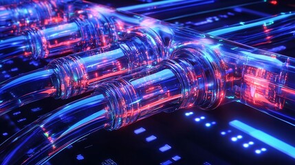 Fototapeta premium Stunning Futuristic 3D Render: Vibrantly Lit Data Cables Interconnecting. AI Generated