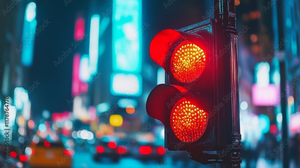 Poster a close-up view of a traffic light displaying a red signal, with bright colors against a blurred cit