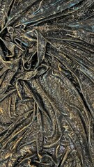 A close-up abstract image featuring a textured, draped fabric-like surface with an earthy bronze and dark green patina finish. 