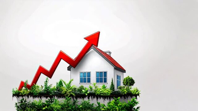 Red arrow pointing upwards on a white background behind a house and garden, illustrating rising mortgage rates, growing interest rates, and home equity loan value trends