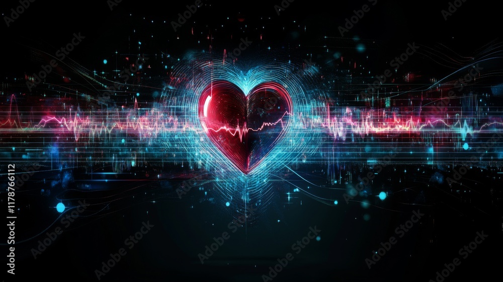 Poster A conceptual graphic showing a heart wave merging with sound waves, illustrating the connection between heartbeats and sound in a creative visual