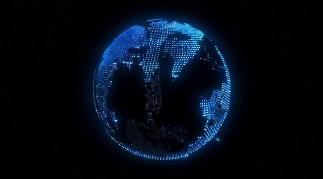 A glowing, animated globe spins in a dark void. The globe is made up of countless blue dots, creating a mesmerizing visual effect. (Loop playback possible)