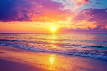 Fototapeta premium Breathtaking sunset over a tranquil beach natural landscape photography peaceful ocean setting vibrant horizon view for relaxation and serenity