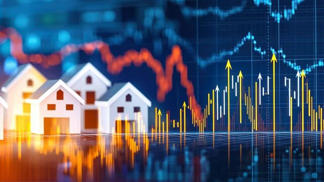 Digital stock market graph with houses and arrows, illustrating trends of rising mortgage rates, interest rate changes, and home equity loan growth in housing markets