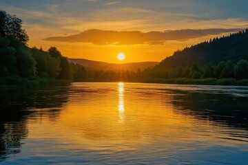 Serene sunset over a river nature landscape tranquil environment captivating viewpoint scenic concept for stunning evening reflection