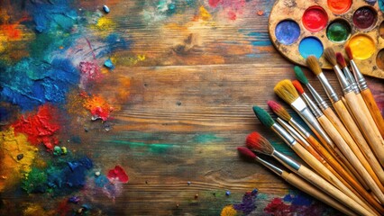 Obraz premium Background concept of National Art Day celebration with colorful paintbrushes, palette, and canvas, artistic