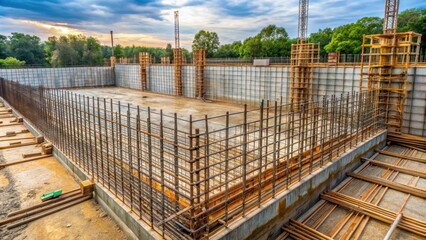 Steel structure wall being prepared for concrete pouring, steel, structure, wall, construction, concrete, pouring