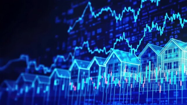 Stock market graph with houses on it, highlighting trends of increasing mortgage rates, fluctuating interest rates, and home equity loan opportunities