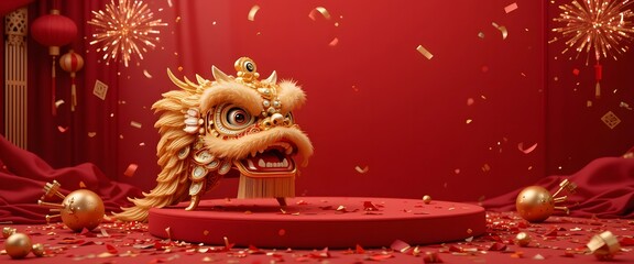 Obraz premium Golden Lion Dance Head: Festive Red Celebration - chinese New Year Card