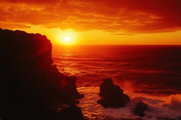 Dramatic sunset over coastal cliff ocean view landscape photography tranquil environment scenic perspective captivating sunset colors at dusk