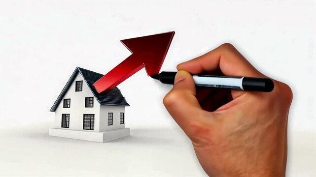 3D red arrow pointing upwards with a house icon on a white background, symbolizing rising mortgage rates, increasing interest rates, and home equity loan trends