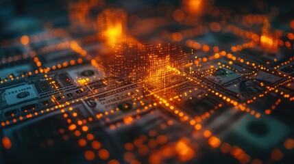 Obraz premium Abstract representation of digital currency with glowing data points overlaid on banknotes.