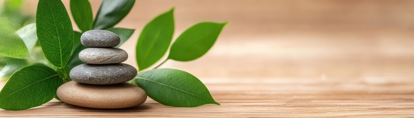 Obraz premium Serene stacked stones with lush green leaves, a symbol of balance and harmony in nature