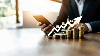 Businessman using a smartphone showing a graph arrow pointing up with mortgage icons, representing increasing mortgage rates, interest rates, and home loan trends