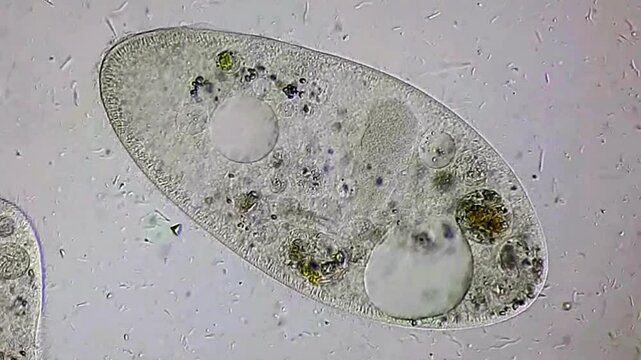 Movement of Paramecium and bacteria under microscope 