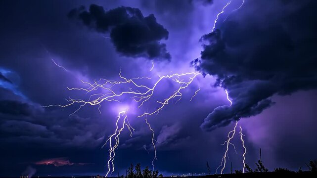 A videograph capturing a large cloud filled with numerous powerful lightning bolts illuminating the sky, Streaks of lightning across a dark stormy sky