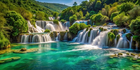 Naklejka premium Krka Waterfalls with turquoise water cascading through lush greenery, Krka National Park, Croatia, beautiful