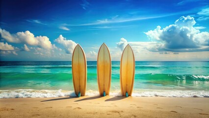 Summer beach scene with three surfboards on turquoise sea background, beach, summer, surfboard, ocean, vacation, tropical