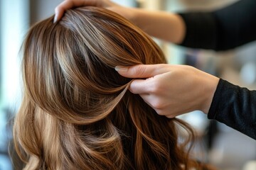Fototapeta premium A pair of hands gently styling silky brunette hair, twisting strands into a soft, elegant arrangement in a salon setting.