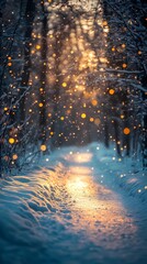 Enchanting winter forest road with glowing blurred bokeh lights background.