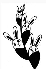 Illustration of rabbits, which are also willow buds. Black on a white background. Doodle. From the bottom the rabbits are larger, from the top they become smaller. Stylization. Easter, spring.