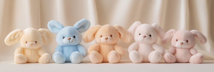 A cute set of plush animal toys each in a different pastel color resting on a light neutral...