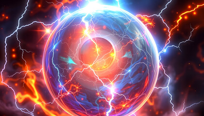Obraz premium Magic sphere, energy ball with mystic glow, lightning and sparks. art. Color glowing orb with light effect, liquid plasma and fire. Fantasy shiny circle for game design, with white tones