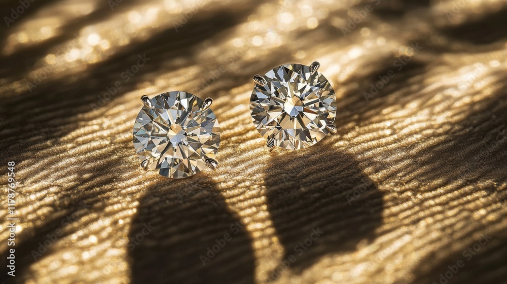 Leinwandbilder a detailed macro view of a pair of classic diamond earrings resting on a textured surface, with soft