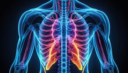 Detailed anatomical illustration of the human pectoral muscles and rib cage.  Visible are the intercostal muscles, highlighting their structure and function.