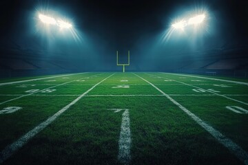 Empty Dark Football Stadium Under Heavy Lights with Clear Grass and Bright Goalpost for Sports Backgrounds and Themes