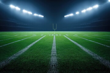 Illuminated Football Field at Night with Bright Stadium Lights and Fresh Green Grass Ready for a Game or Practice Session