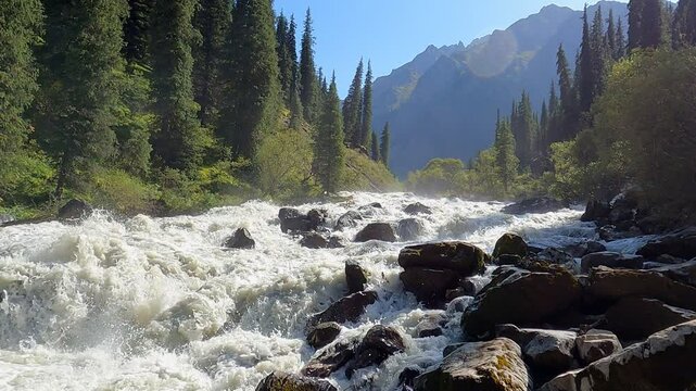 Mountain river raging waves, rocks and rocks in the river, rough water.
Mountain landscape with river. River Rapid.