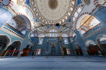 Interior of Rustem Pasa Mosque in Istanbul. Famous Rustem pasha mosque interior. Iznik blue tiles. Rustem Pasa Mosque most beautiful and classical