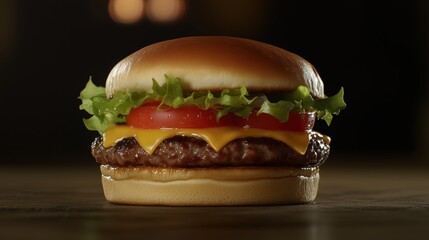 A juicy hamburger with cheese, lettuce, and tomato, sitting on top of an extra-large bun. 